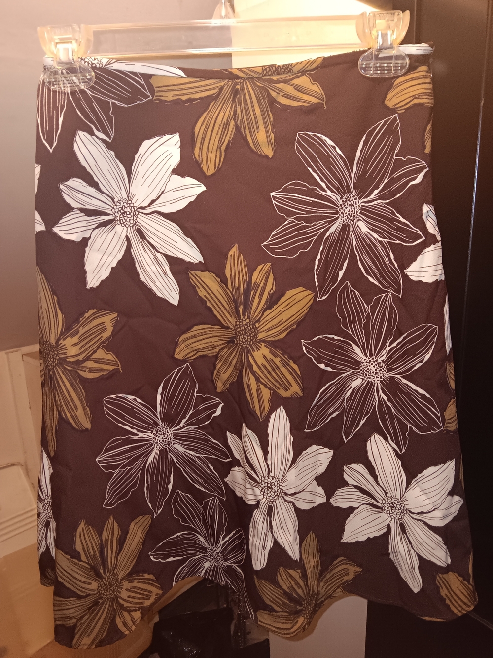 Old Navy Brown Floral Skirt with White & Gold Flowers